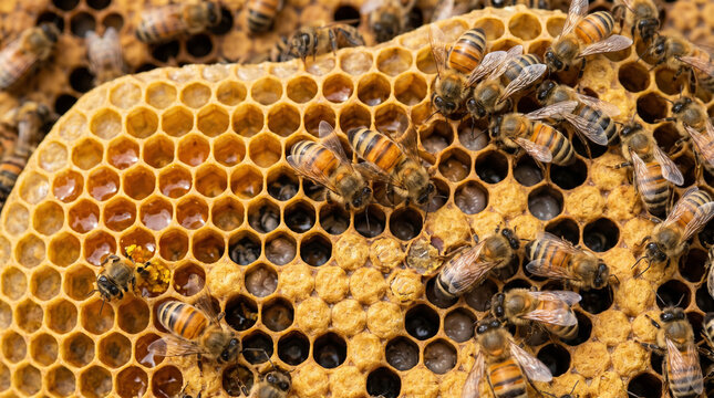 Extreme close-up of honey bees on a wax honeycomb with pest control insect world honeycomb wildlife background apiculture production agriculture pollination entomology hymenoptera melittae