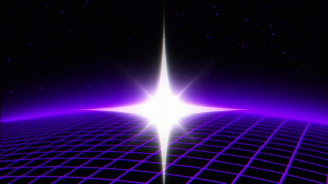 Retro Synthwave grid horizon with glowing purple starburst, background loop