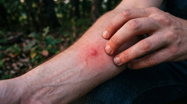Person scratching an insect bite on their arm outdoors with bug spray insect repellent scratching irritation discomfort reaction outdoors mosquito annoyance inflammation swelling treatment