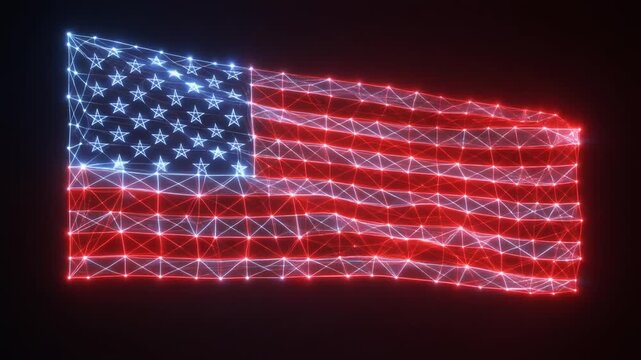 Digital United States flag made of glowing interconnected lines and points, mesh structure, futuristic technological national symbol visualization.
