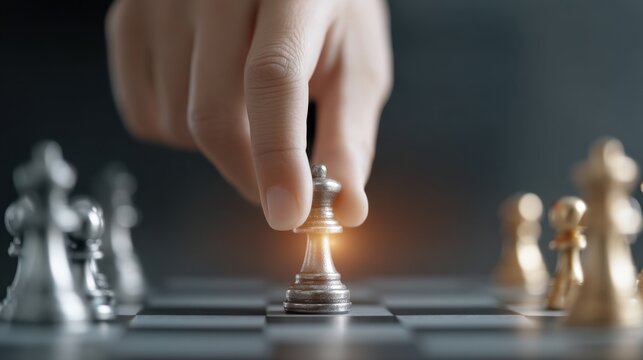 Hand Moving Chess Piece on a Chessboard, Symbolizing Strategy, Competition, and Decision-Making in Mind Games and Tactics
