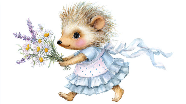 Cute Hedgehog Child in a Pastel Dress Carrying Flowers