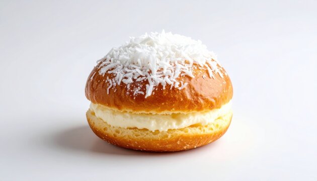 Close-up shot of a delicious cream-filled donut topped with shredded coconut, showcasing its golden-brown exterior and sweet, creamy filling on a white background.