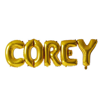 Corey name spelled out in gold balloons