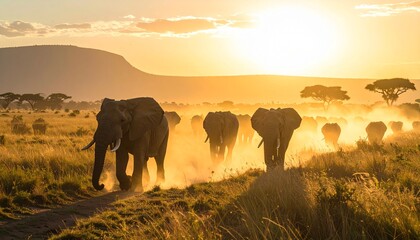 Fototapeta premium Herd of Elephants Walking at Sunset Safari.