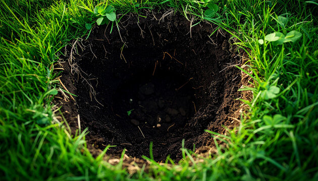 Circular hole in ground surrounded by fresh green grass, dark rich soil and exposed roots inside, nature and environment concept