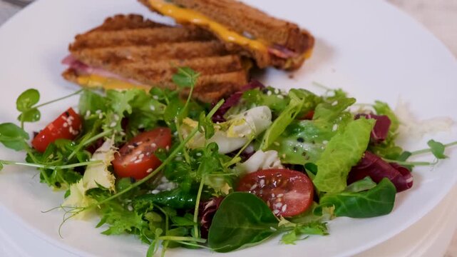 Breakfast grilled sandwich with melted cheese rotating food video