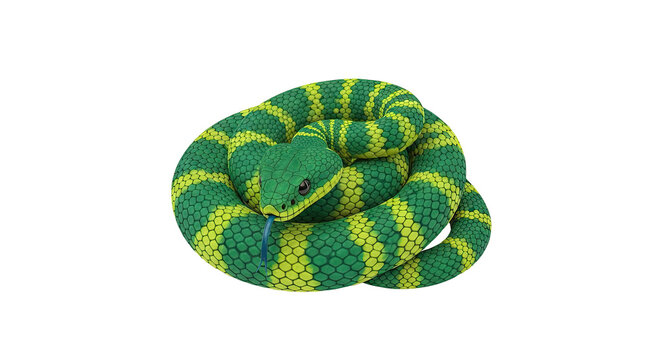 Green and yellow coiled snake with blue tongue extended