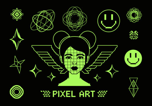 Retro Y2K Pixel Art Element Set with Cybercore Aesthetic, Acid Green Futuristic Digital Girl, Smileys, and Geometric Icons for Streetwear and Graphic Design