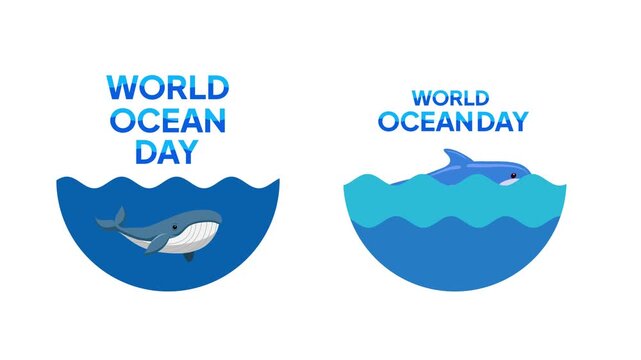 Whale Swimming Ocean World Ocean Day.World Ocean day Icon concept. Full length Icon animation illustration. High quality&nbsp;4k&nbsp;footage