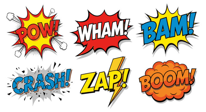 Collection of colorful comic book speech bubbles and sound effects