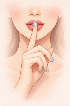 Graceful close-up of a woman with glossy lips and pale blue nail