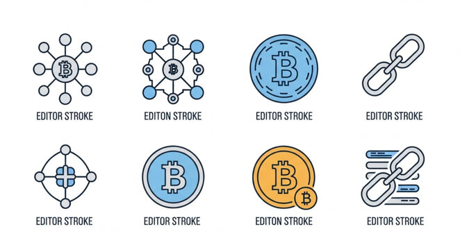 Bitcoin Cryptocurrency Blockchain Technology Icons Set.