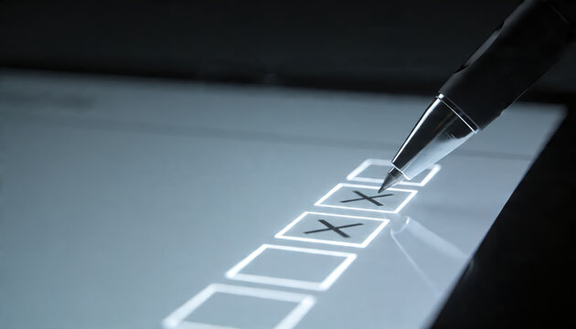 Close up view of digital pen marking checkbox with an X luminous tablet display. Focusing precise action, it conveys successful task completion