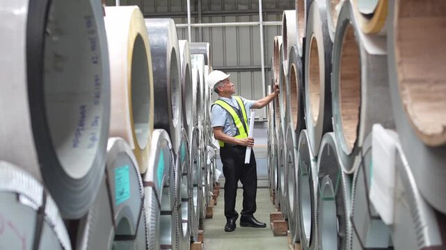 Inspection of industrial pipes manufacturing facility workplace indoor close-up view quality control and safety protocols