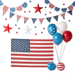 Obraz premium Patriotic American Flag Decorations with Red, White, and Blue Balloons and Stars for Independence Day Celebrations on transparent background
