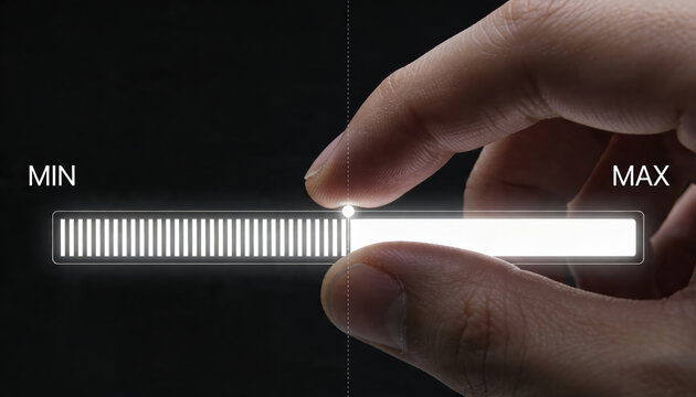 Hand adjusts glowing digital slider bar with precision, moving between minimum and maximum setting. Action represents precise control and focus