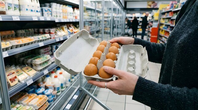 Customer Holding Carton of Fresh Brown Eggs in Supermarket Aisle
