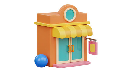 Obraz premium 3D Cartoon Shop Building with Blue Sphere and Sign