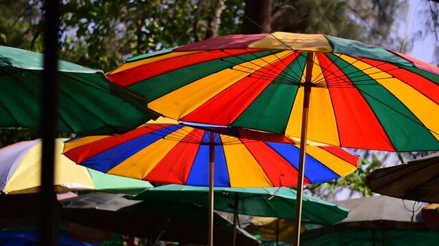 Beach Landscape Brightly colored beach umbrellas creating