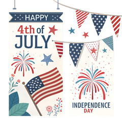 Fototapeta premium Vibrant 4th of July Celebration Banners with Patriotic Flags Fireworks and Bunting Decorations on transparent background
