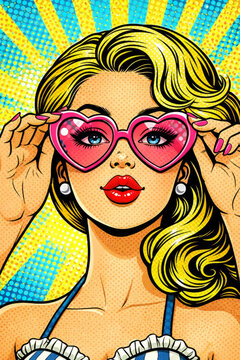 Bold pop art illustration of a blonde girl in pink heart sunglas