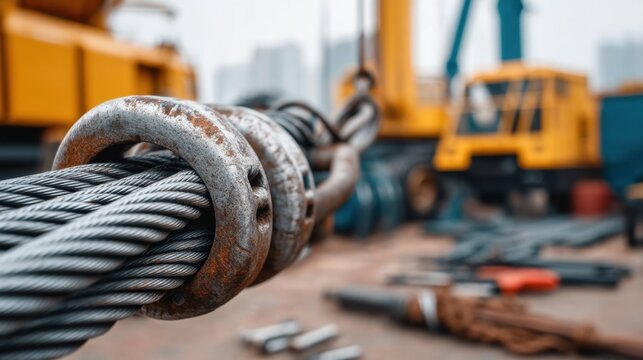 Heavy Lifting Equipment in Construction Site with Close Up of Steel Cable and Machinery in Background for Industrial and Engineering Use