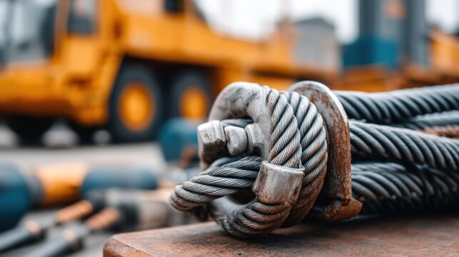 Heavy Lifting Equipment Close-Up of Steel Cables and Hardware for Construction Projects and Industrial Applications