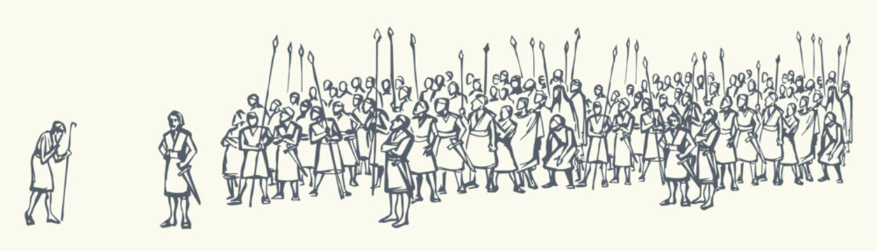Vector drawing. Many strong soldiers