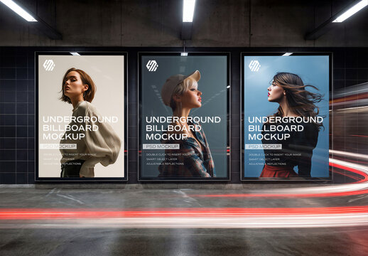 Three Billboard Screens In Dark Subway Underground Mockup