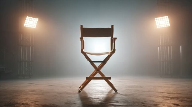 Empty Director's Chair in Center of Dimly Lit Stage with Spotlights Focusing on Chair for Film or Theater Production
