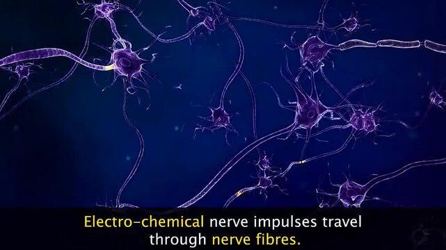 3D animation showing electrochemical nerve impulses and hormone signaling in human body systems.