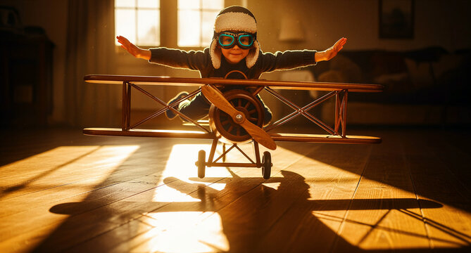Little boy in pilot hat and goggles plays with a wooden biplane in a sunny room. The child stretches out his arms pretending to fly. Childhood imagination, adventure, and dream of flying concept.