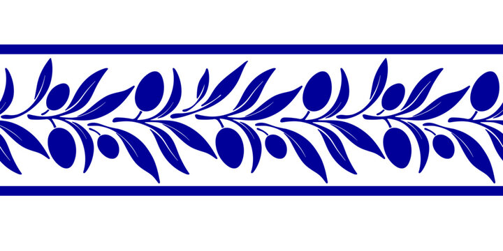 Greek olive branch seamless border. Classic graphic pattern delicate leaves for repeat print, italy frame design, wallpaper. Vector nature textile in minimalist silhouette blue style