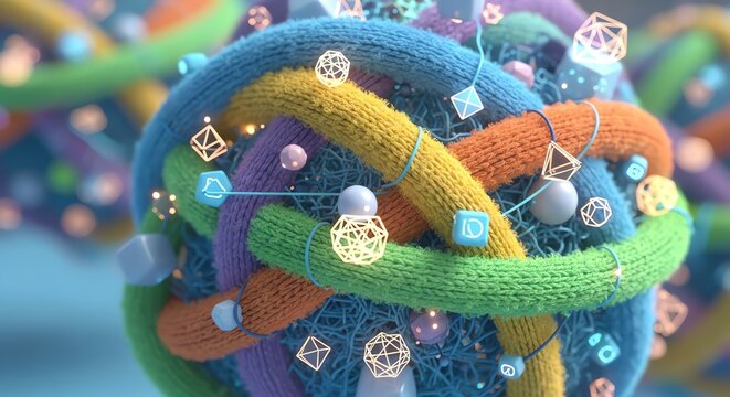Colorful knitted sphere with geometric shapes