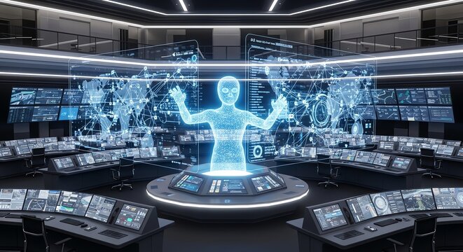 Control room with holographic human figure