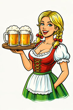 Playful cartoon Bavarian waitress in red and green dirndl carrie