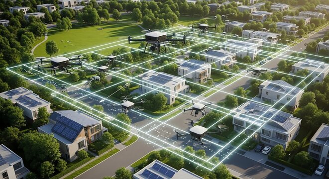 Drone delivery system over suburban neighborhood