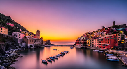 Naklejka premium The picturesque harbor of Vernazza glows under a soft twilight sky.