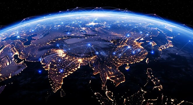 Earth at night with global network connections