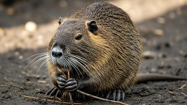 Rodent Nibbling Twig in Natural Ground Setting