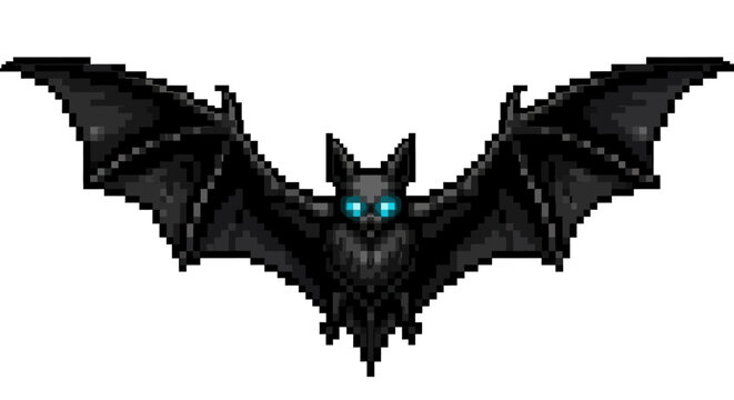 Pixel Art Bat with Glowing Blue Eyes Flying.