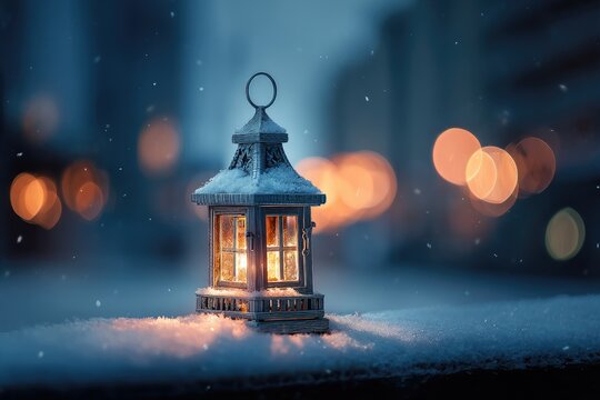 A small lit lantern nestled in fresh snow, casting a warm glow amidst falling flakes