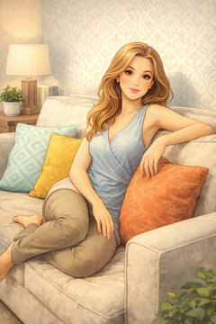 Cheerful young woman rests comfortably on a sofa with colorful p