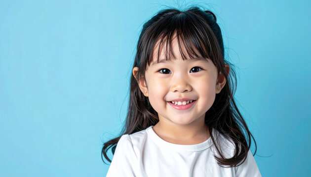 Cute little girl against light blue backdrop, portrait of smiling preschooler, cheerful childhood and innocence concept.