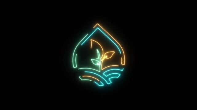 Neon Water Drop Leaf Icon Animation &ndash; Clean Water and Eco Energy Concept with Alpha Channel