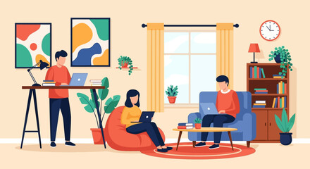 Fototapeta premium People working remotely in a cozy home office setting.