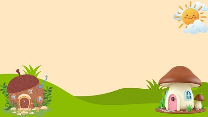 Whimsical illustration of a fairy tale village with mushroom and acorn houses under a cheerful sun and green landscape © asasima