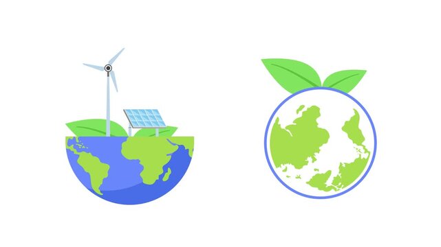 Earth With Wind Turbine And Leaves.World Environment day Icon concept. Full length Icon animation illustration. High quality&nbsp;4k&nbsp;footage