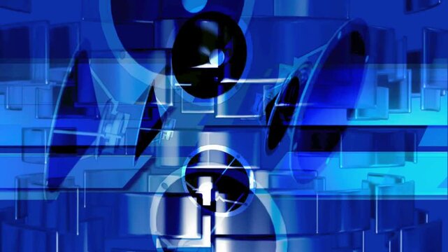 Blue futuristic VJ loop featuring rotating 3D speaker woofers and geometric abstract shapes for electronic dance music visuals.

